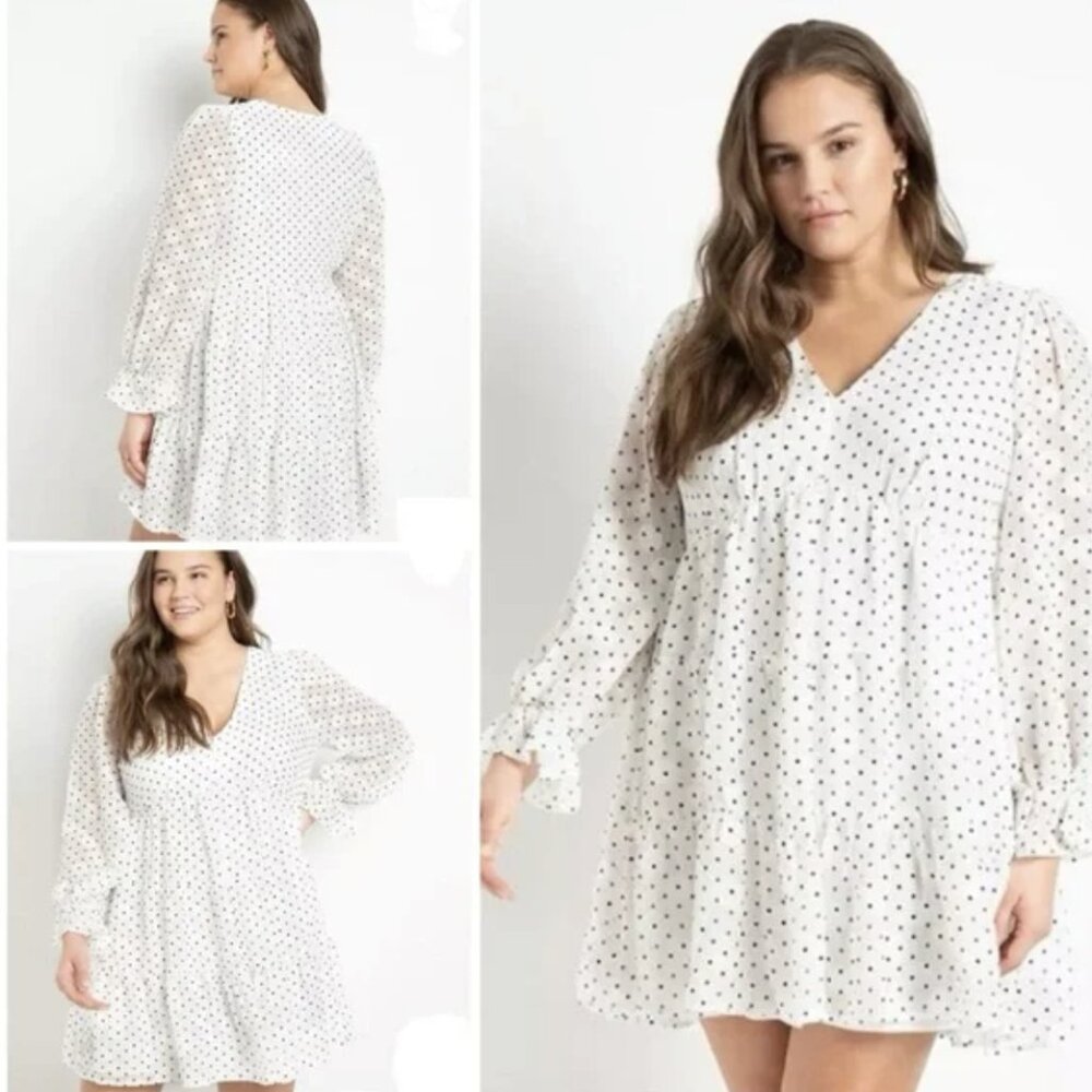 🌷Eloquii Sz 20Tiered Dress White & Black Polka Dot Lined V-Neck Long Sleeves